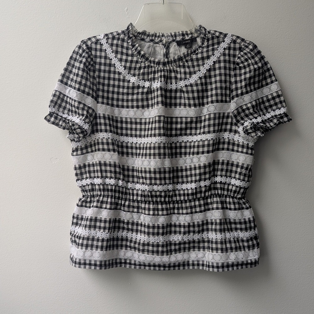 J.Crew Peplum Blouse Black Gingham Lace Trim Boho Cotton Top Sz M Cottagecore